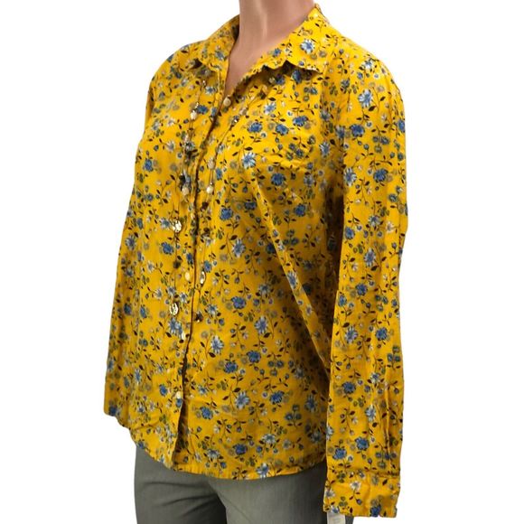 Old Navy Casual Women Flowers Shirt Size M Yellow Blue Long Sleeve Butt… - Picture 8 of 11